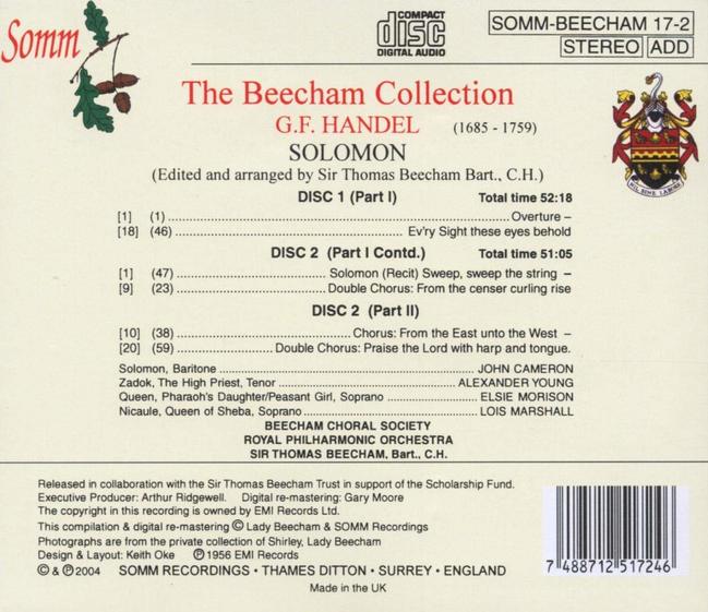 G.F. Handel : Solomon (2CD) > BEECHAM, SIR THOMAS > 佳佳唱片行